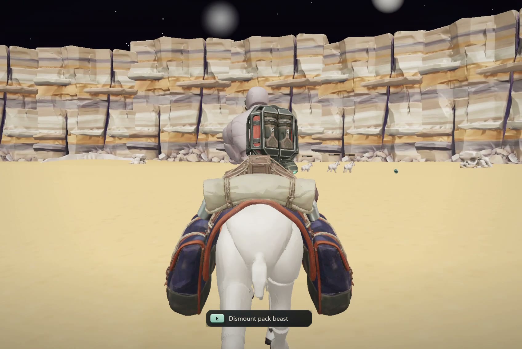 A player riding a pack beast through Eternal Expanse’s desert frontier